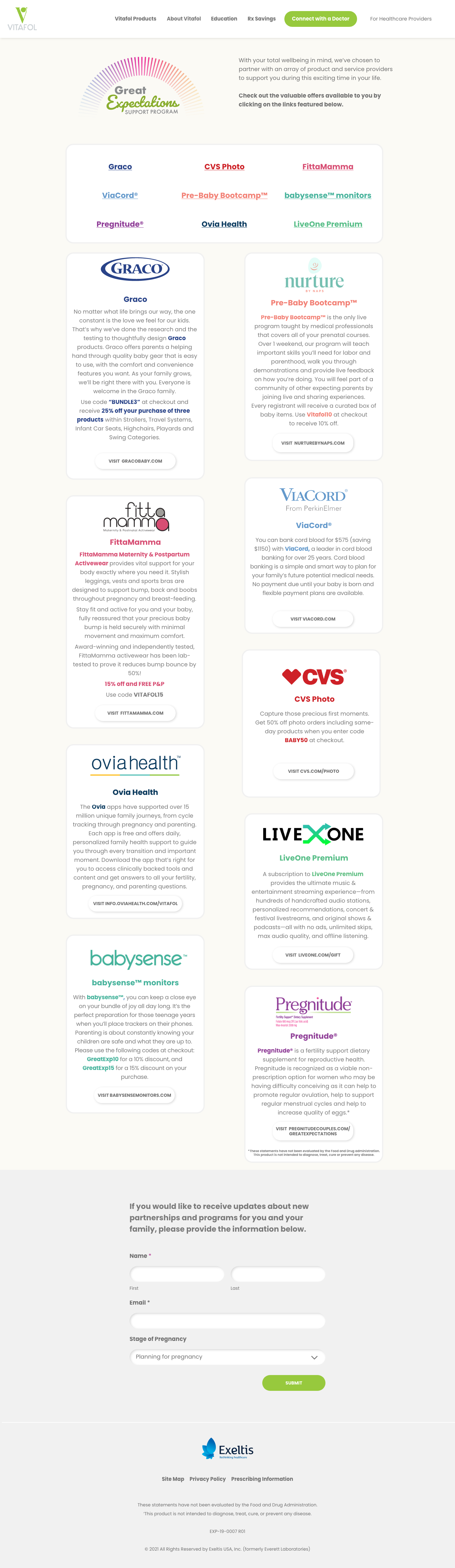 Screenshot of Vitafol Great Expectations Support Program website. With your total wellbeing in mind, we’ve chosen to partner with an array of product and service providers to support you during this exciting time in your life. Check out the valuable offers available to you by clicking on the links featured below.